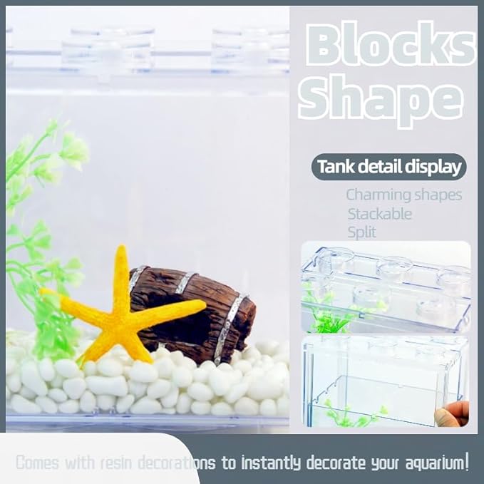 Small Betta Fish Tank, Stackable Mini Fish Tank Tiny Aquarium Tank Kit with Aquarium Gravel & Resin Decorations, 0.6 Gallon Cube Desktop Fishbowl for Snails, Crabs, Starfish (Clear)