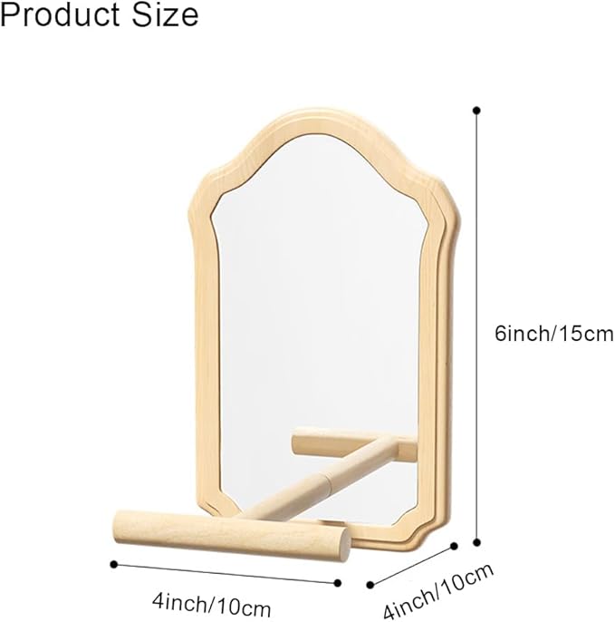 Mirror with Perch for Parrots, Wooden Standing Bird Mirror Toy Chewing Perch with Reflective Mirror for Cockatiel, Lovebird, Parakeet, Bird Cage Accessories ﻿ (Small Mirror 15cm)
