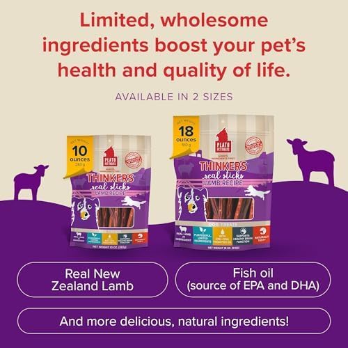 PLATO Pet Treats Thinkers - Meat Stick Treats for Dogs - Limited Ingredient Dog Treats with EPA and DHA to Support Skin, Coat, and Brain - Air-Dried Dog Treats - Thinkers Lamb 18oz - 2 Pack