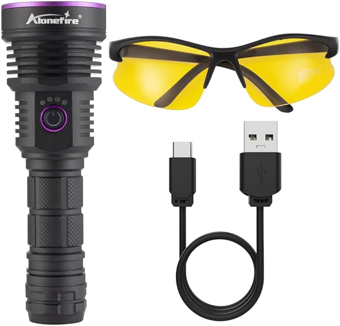 ALONEFIRE SV43 36W 365nm UV Flashlight USB C Rechargeable Ultraviolet Black Light Woods Lamp for Pet Urine Detector, Resin Curing, Scorpion, Bed Bug, Fishing, Leak with UV Protective Glasses, Battery