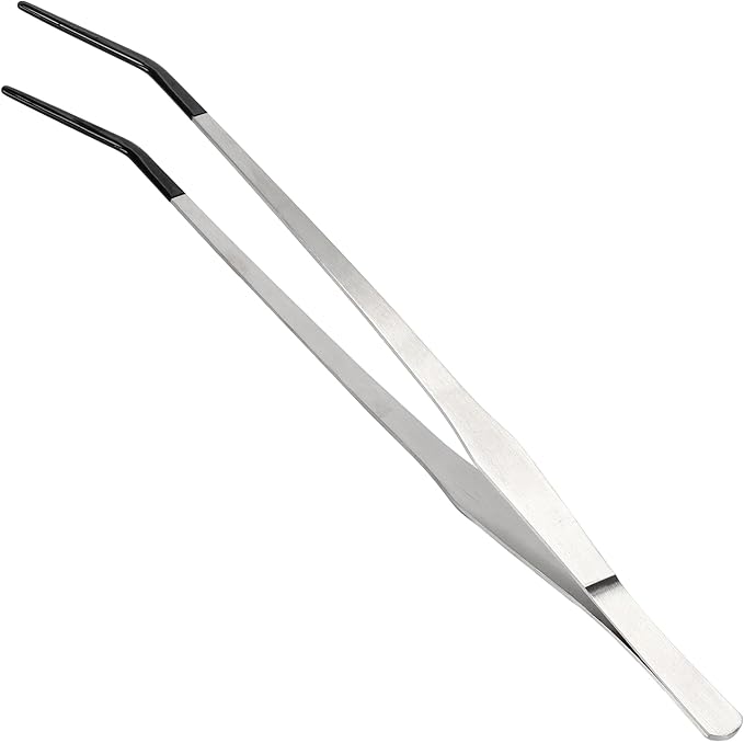 Reptile Feeding Tongs, Stainless Steel Lizard Feeding Tongs, Aquarium Curved Feeding Tweezers for Reptiles with Rubber Tip, Terrarium Feeding Tongs 14.96" L, Black Silver Tone