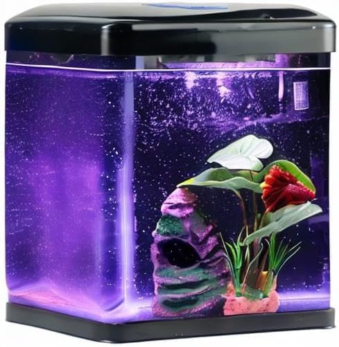Betta Fish Tank Self Cleaning 2 Gallon Small Aquarium Starter Kits Desktop Room Decor w/LED Light Decorations & Whisper Filters Water Pump (260V2)