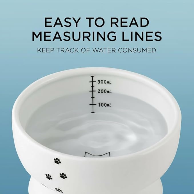 Necoichi Raised Cat Water Bowl, Elevated, with Measurement Lines, Dishwasher and Microwave Safe (Cat, Regular),White