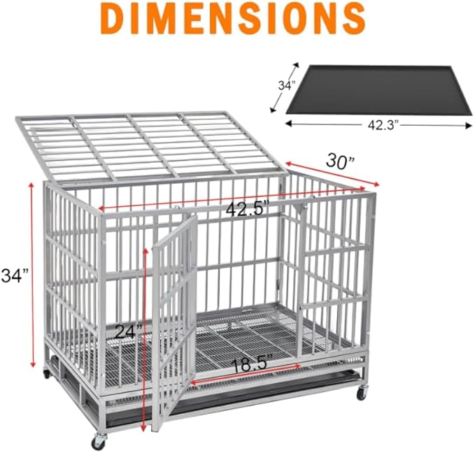 42 inch Heavy Duty Indestructible and Escape-Proof Dog Crate Cage Kennel for Large Dogs, High Anxiety Dog Crate with Removable Wire Trays and Wheels, Extra Large XL XXL, Siliver