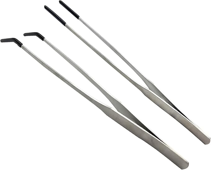 Stainless Steel Straight and Curved Tweezers Aquarium Tweezers with Rubber Tips Long Handle Reptile Feeding Tongs for Fish Tank Aquatic Plants, 2pcs, 10.6 Inch, Silver