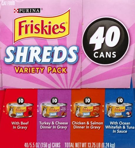 Friskies Purina Wet Cat Food Variety, Shreds with Beef, Turkey & Cheese, Chicken & Salmon Dinner, and with Ocean Whitefish & Tuna, 5.5 oz. Cans (Pack of 80)