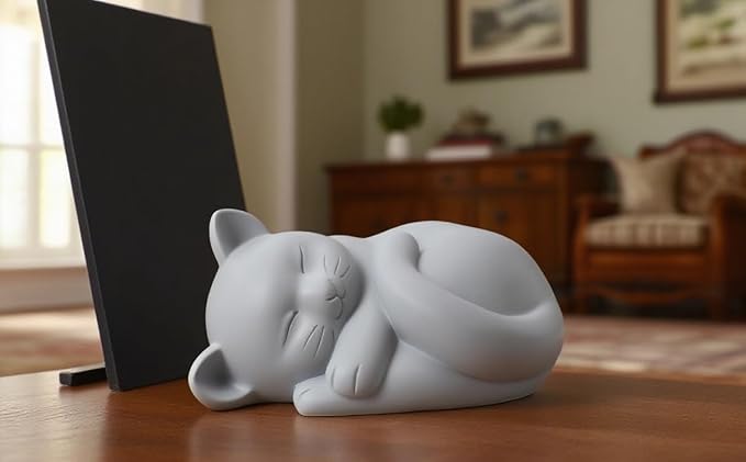 Pet Cat Urns for Ashes, Sleeping Resin Cremation Animal Urn and Sealed Bag, Decorative Memorial, Fur Keepsake, Ashes Necklace, Keychain, Inkless Paw Print Kit, Picture Frames, Sympathy Cards(Gray)