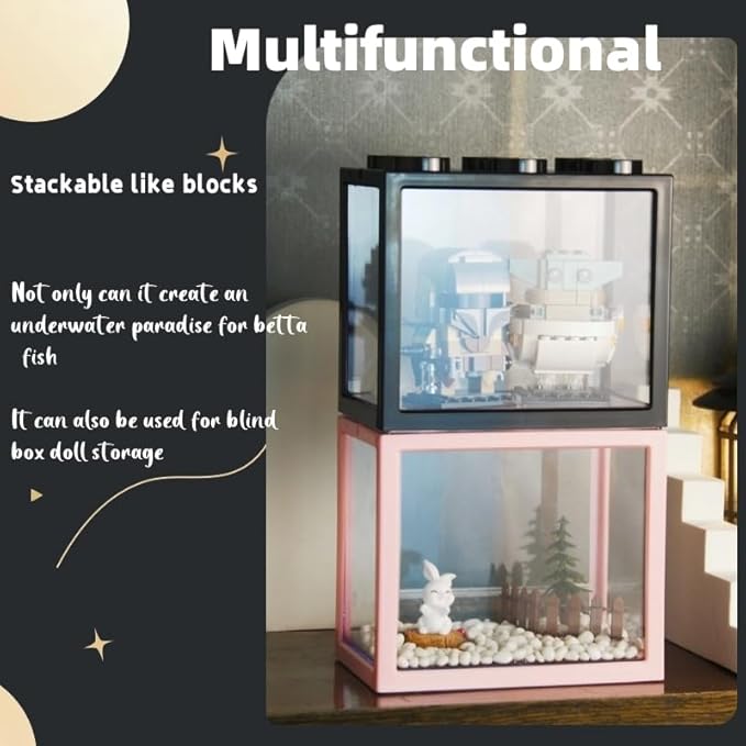 Small Betta Fish Tank, Stackable Mini Aquarium Tank Kit with Aquarium Gravel & Forest Micro Landscape, 0.6 Gallon Acrylic Cube Fish Bowl for Sea Monkeys Shrimp Snails (Black)