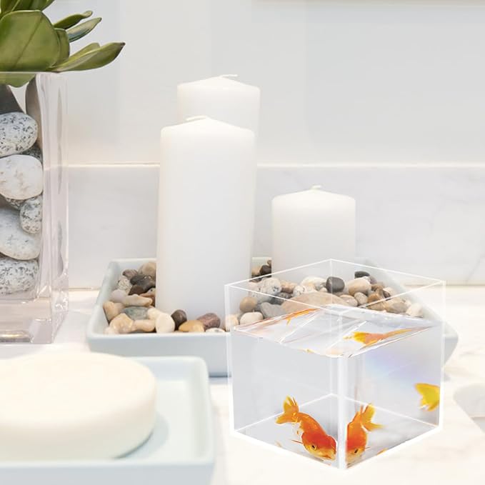 Housoutil Square Acrylic Fish Tank Mini Betta Aquarium for Turtles and Aquatic Plants Versatile Desktop Decor for Home Office and Parties
