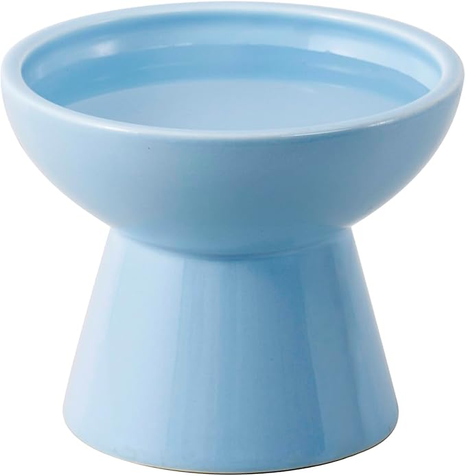 Extra Wide Elevated Ceramic Cat Water Bowl - 6.2" Deeper Dish for Whisker Fatigue Relief, 5" Height for Easy Feeding, Lead & Cadmium Free, Durable Raised Cat Bowls, Blue