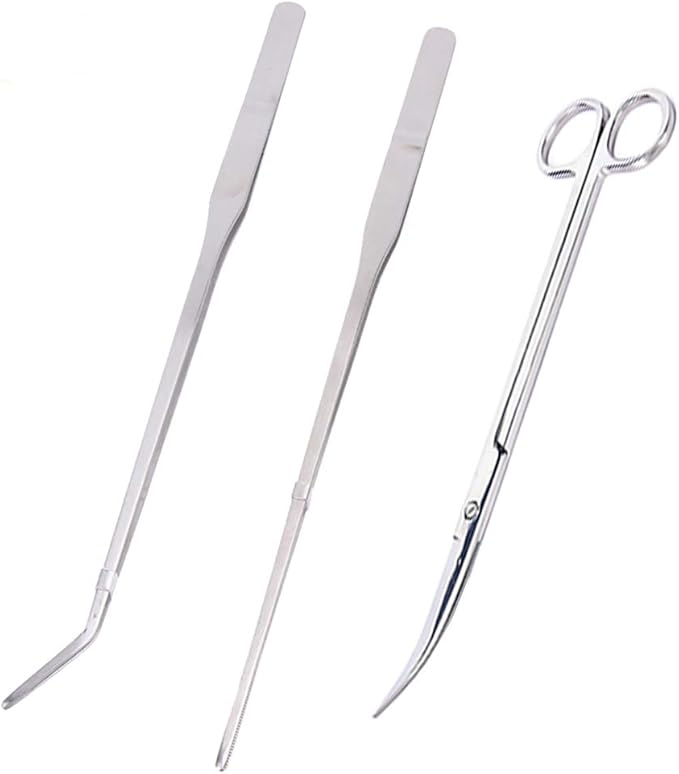 Aquarium Tools Kit Long Stainless Steel Straight Curved Tweezers Scissors Set for Fish Tank Aquascaping pack of 3-27cm Tweezers