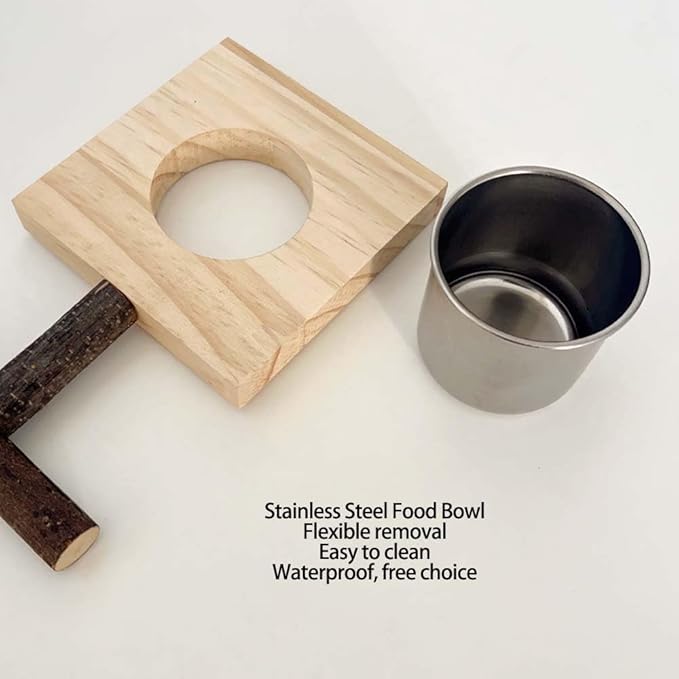 Bird Food Stainless Steel Cups Wooden Perch Stand Hanging Feeder Bowls Feeding and Watering Supplies for Parakeets Conures Cockatiels Budgie Parrot (with One Cup)