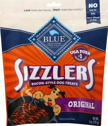 Blue Buffalo Sizzlers Natural Soft Dog Treats, Bacon-Style Soft-Moist Dog Treats with Real USA Pork, Original Flavor, 6-oz Bag (Pack of 2)