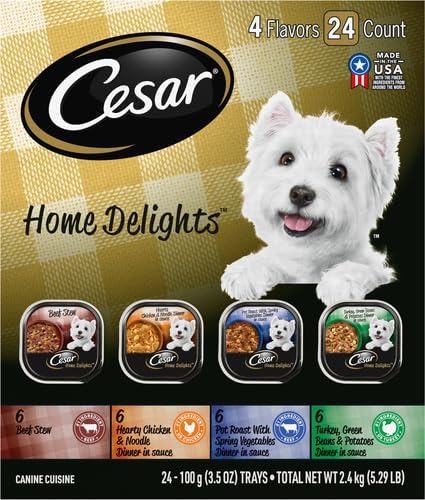 Cesar Home Delights Adult Wet Dog Food, Pot Roast with Spring Vegetables, Beef Stew, Turkey, Green Beans, & Potatoes, and Hearty Chicken & Noodle Dinner in Sauce Variety Pack, 3.5 oz. 24 Count
