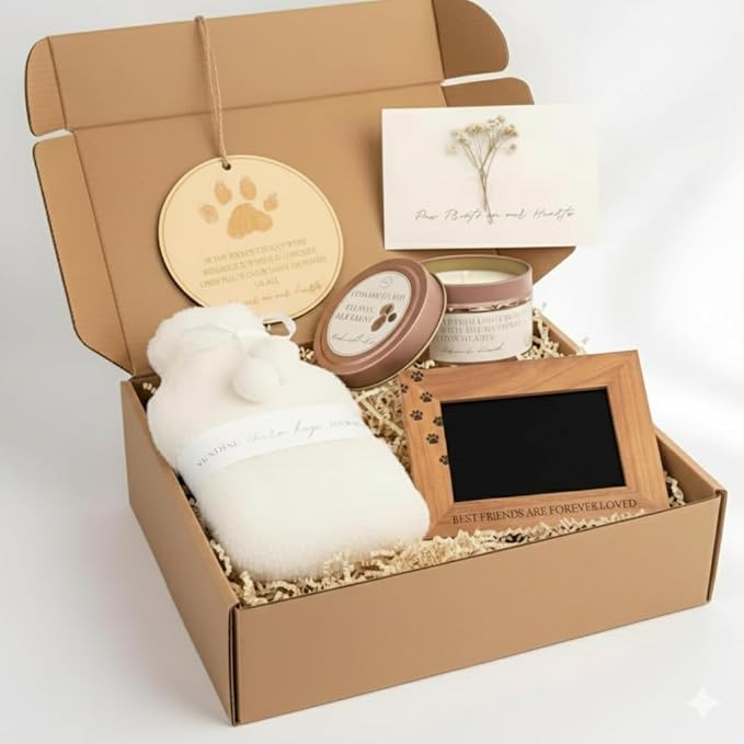 Pet Loss Bereavement Box, Sympathy Gift for Loss of Dog, Pet Memorial Christmas Gift with Photo Frame, Christmas Remembrance Ornament, Memory Candle, Hot Water Bottle, Comfort Grieving present