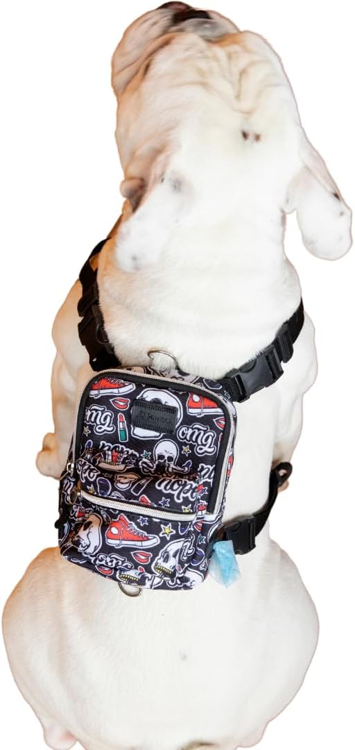 Pawlook Dog Backpack Harness – Street Smart | Waterproof, Adjustable, Breathable – Leash Attachment D-Rings, Poop Bag Pocket – Small & Medium Dogs – 8 Styles Skull Small