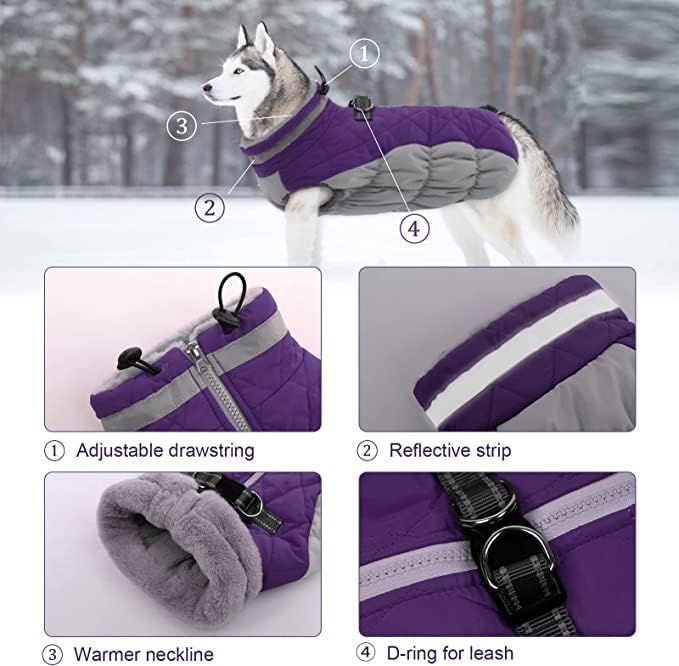 Lelepet Dog Coat Warm Dog Winter Coat Waterproof Dogs Jacket with Harness Built in Reflective Pet Fleece Vest Zip-Up Cold Weather Coats for Large Dogs Turtleneck & Windproof Coats Pitbull Purple 2XL