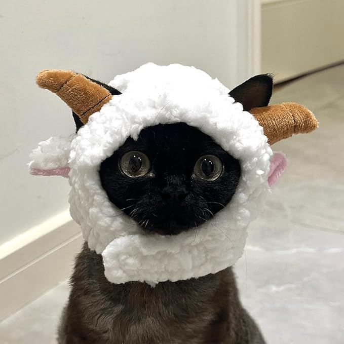 Warm Fleece Lined Winter Clothing for Sphynx & Devon Rex Cats | Soft Faux Lamb Wool | Cozy and Comfortable (Sheep Costume,Sheep hat with Horns)