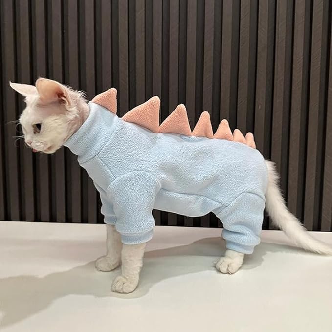 Sphynx cat Clothes, Dinosaur Costume, Hairless Cats Warm Clothes for Cornish Rex and Devon Rex (Blue, XXL(10-12lbs))