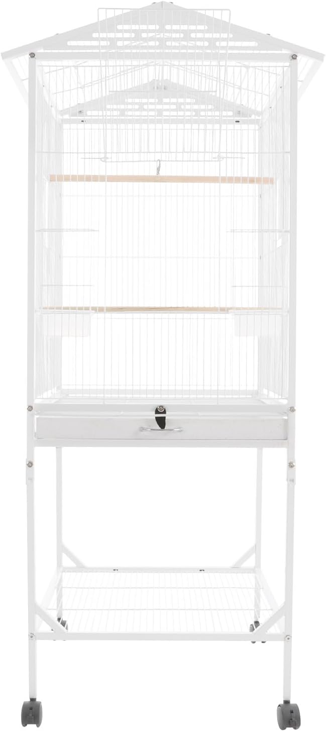 Large Bird Cage, Movable Pet Bird Flight Cages with Wheels 4 Feed Windows Slide-Out Tray, Panorama Bird Aviary 18.11x18.11x49.21in for Parrot, Parakeets, Budgerigars(White Style2)