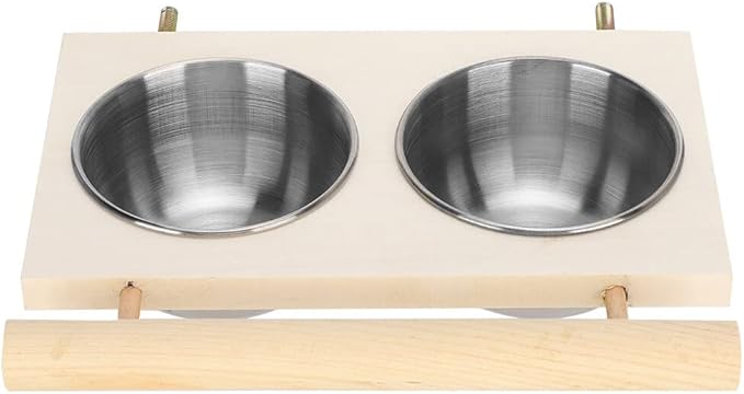 Bird Feeding Dish Cup with Wood Stand Stainless Steel Parrot Food Bowl Water Feeder Cage Accessories with Perch for Cockatiel Parakeet