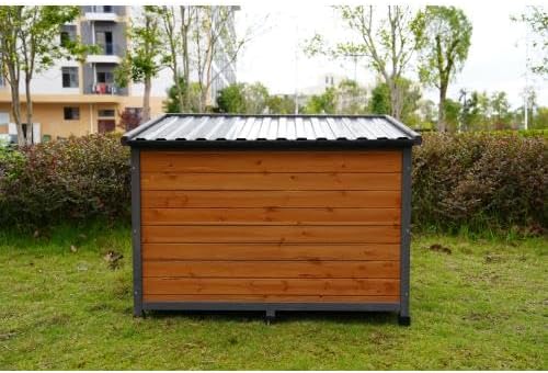 44.2" Large Dog House Outdoor Weatherproof Wooden Dog Kennel, Dog Houses for Large Dogs Outside with XL XLarge Dog House Doghouse, Grey+Yellow