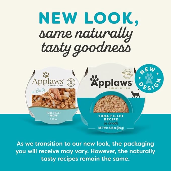 Applaws Natural Wet Cat Food in Broth, Limited and Natural Ingredients, High Protein with No Artificial Additives, Tuna Fillet in Broth (10 x 2.12 oz Easy-Open Cups)