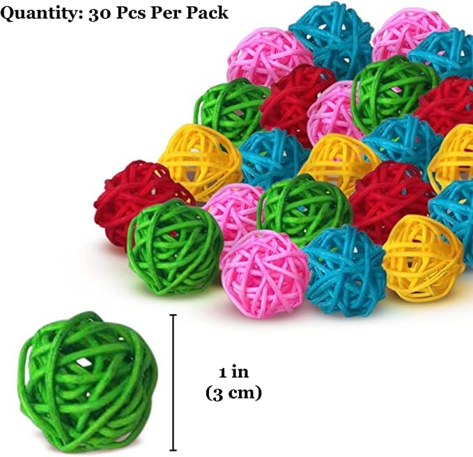 Rattan Balls for Parrots, 30 Beak Grooming and Activity Balls, 1” Decorative Wicker Orbs, Attractive Multicolor Pack