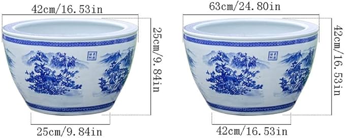 Fish Tabk Chinese Style Blue and White Ceramic Goldfish Bowl Fish Tank Balcony Fish Culture Tank Courtyard Lotus Tank Turtle Tank Aquarium Starter Kits Cool Fish Tank(Color:A,Size:63cm)