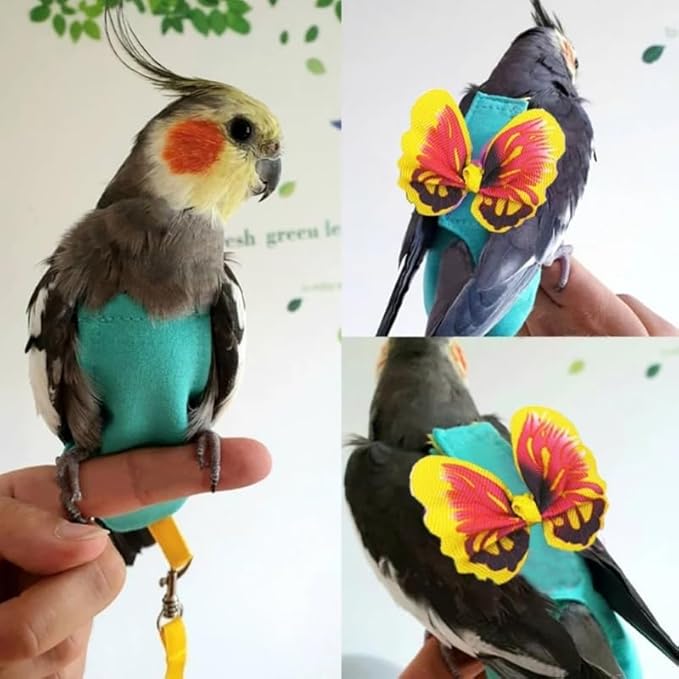 Escape-Proof Parrot Harness & Leash Set with Diaper - Adjustable Flight Suit with Bow & Safety Cord for Conures, African Grey, Parakeets, Doves (Yellow-S)