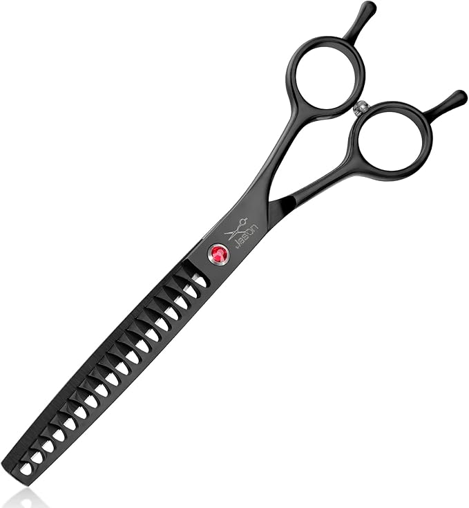 JASON 7.5" Dog Grooming Scissor - Professional Thinning Chunker Shear with 18 Teeth Japanese Stainless Steel Hair Scissors for Dogs, Cats and Other Pets (Chunker, Black) Christmas Gift