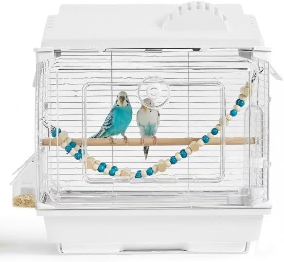 Clear View Bird Cage, Indoor & Travel Small Birdcage for Parakeet, Parrot, Budgies, Cockatiels, Canary |Easy Clean Safe Materials (White, Small)