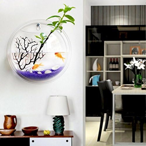 Acrylic Wall Mounted Fish Bowl, Hanging Aquarium Transparent Plastic Bubble Gold & Betta Fish Tank,Round Pot Flower Plant Vase Home Decoration (M: 235mm)