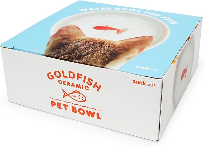 Suck UK Cat Bowls - Fish Bowl - Cat Water Bowl - Funny Animal Accessories - Ceramic Dish - Novelty Pet Supplies - Pets Prank Gift - Animal Owner Gifts - 3D Hand Painted Goldfish - Pet Humor - White