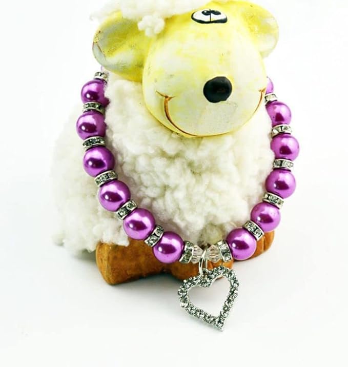 Dog Pearls Collars Crystal Heart Dog Cat Collar, Pet Bling Love Charm Pendant Necklace for Cats Small Dogs Birthday Party Accessories(S,Purple)