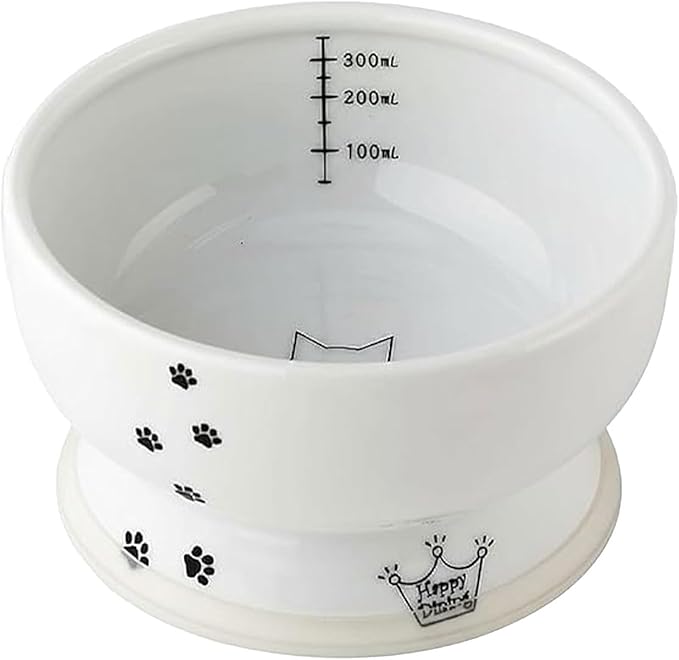 Necoichi Raised Cat Water Bowl, Elevated, with Measurement Lines, Dishwasher and Microwave Safe (Cat, Regular),White