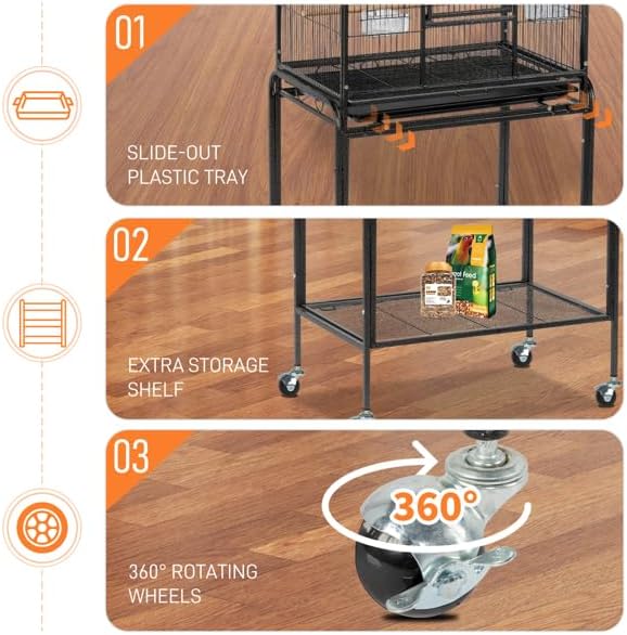 53" Large Flight Bird Cage with Rolling Stand & Storage Shelf for Parrots Lovebird Cockatiel Parakeets, Black