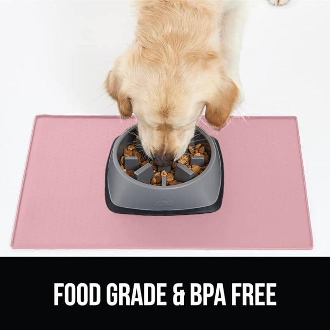 GORILLA GRIP 100% Waterproof Raised Edge BPA Free Silicone Pet Feeding Mat, Dog Cat Food Mats Contain Spills Protects Floors, Placemats for Cats and Dogs Water Bowl, Pets Accessories 28x18 Pink