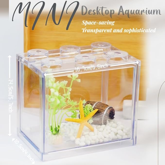 Small Betta Fish Tank, Stackable Mini Fish Tank Tiny Aquarium Tank Kit with Aquarium Gravel & Resin Decorations, 0.6 Gallon Cube Desktop Fishbowl for Snails, Crabs, Starfish (Clear)