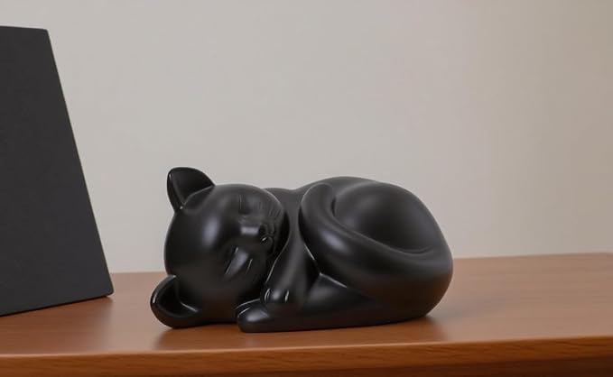 Pet Cat Urns for Ashes, Sleeping Resin Cremation Animal Urn and Sealed Bag, Decorative Memorial, Fur Keepsake, Ashes Necklace, Keychain, Inkless Paw Print Kit, Picture Frames, Sympathy Cards(Black)