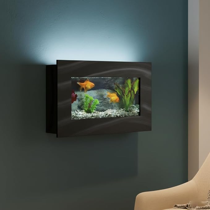 Aussie Aquariums 3.0 Wall Mounted Fish Tank Kit with LED Lighting, Built-in Filter System, Modern Space-Saving Design, Complete Accessories Set (View, Black)
