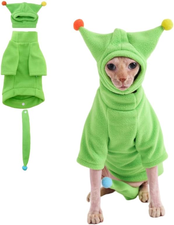 Sphynx Cat Clothes, Warm Cat Jumpsuit with Hat and Tail Cover, Full Set for Hairless Cats, Cornish Rex and Devon Rex (Green, S(2-3.5lbs))