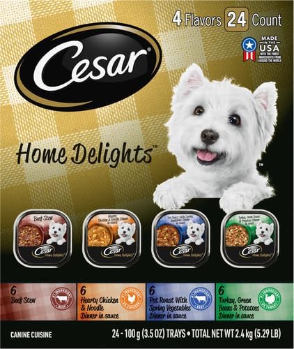 Cesar Home Delights Adult Wet Dog Food, Pot Roast with Spring Vegetables, Beef Stew, Turkey, Green Beans, & Potatoes, and Hearty Chicken & Noodle Dinner in Sauce Variety Pack, 3.5 oz. 24 Count