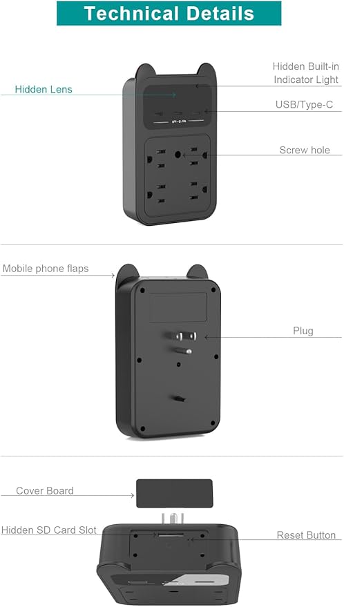 Wall Outlet Camera USB Charger Camera, 2K HD Wireless Nanny Cam with 120° Wide Angle for Home, Pets & Office Indoor Security-Black