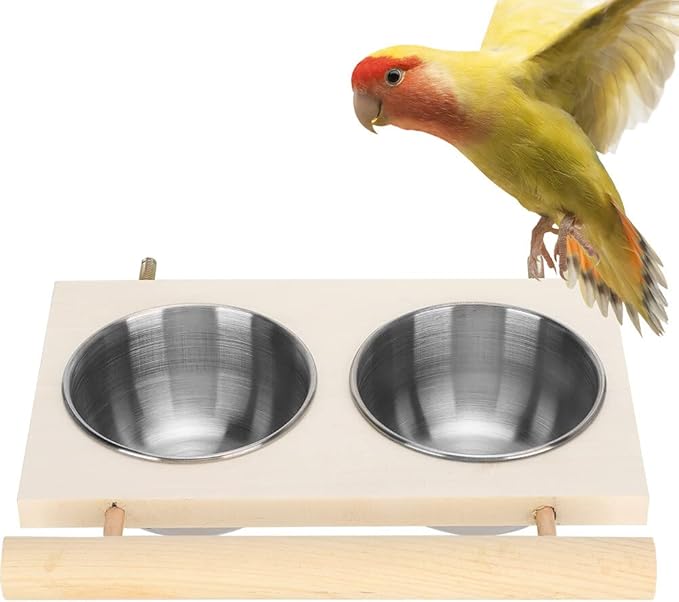 Bird Feeding Dish Cup with Wood Stand Stainless Steel Parrot Food Bowl Water Feeder Cage Accessories with Perch for Cockatiel Parakeet