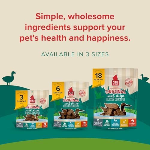 PLATO Pet Treats Real Strips - Air-Dried Meat Bars for Dogs - Delicious, Limited Ingredient Dog Treats - Grain Free Dog Treats - Original Real Strips Duck 18oz - 2 Pack