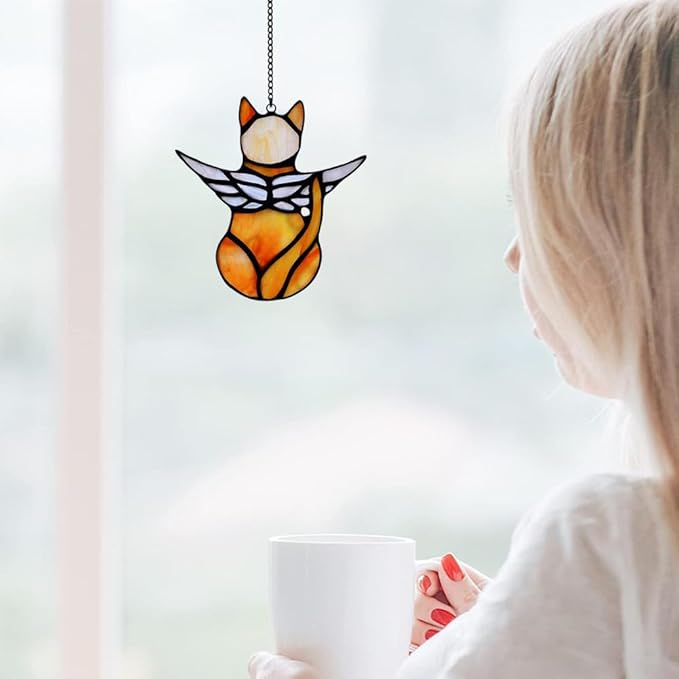 Cat Angel Memorial Statue, Stained Glass Window Hanging Decorations, Loss of Cat Sympathy Gift, Pet Memorial Sympathy Gifts Decoration, Miniature Hanging Ornament