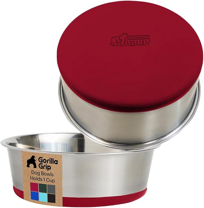 GORILLA GRIP Dog Bowls, Holds 1 Cup Each (8 fl oz), Heavy Duty Stainless Steel Food and Water Bowl for Feeding Dogs and Cats, Dishwasher Safe, Rust Resistant Metal, BPA Free Rubber Base, Set of 2 Red