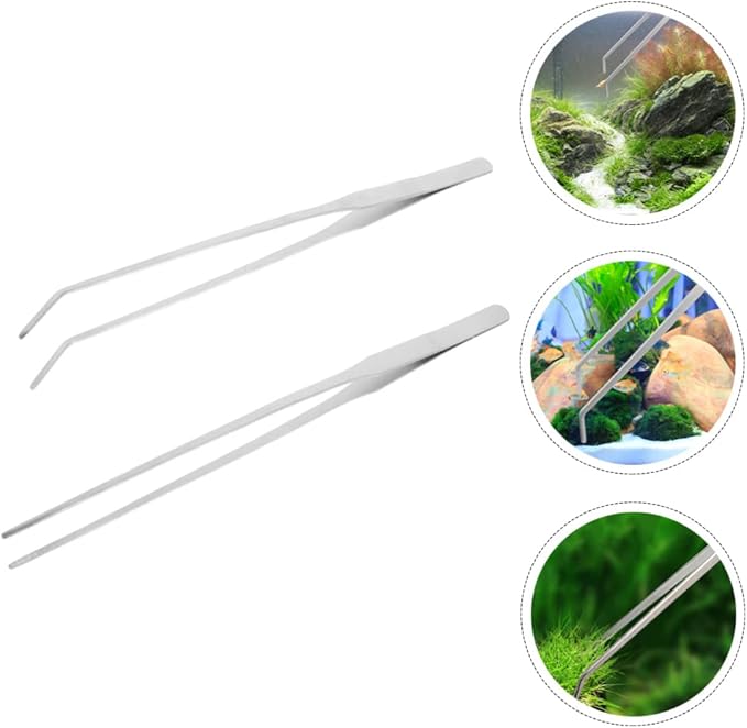 POPETPOP 2pcs Stainless Steel Aquarium Tweezers Straight Curved Tongs for Water Plants Fish Tank Maintenance and Feeding Ergonomic Design Easy to Use
