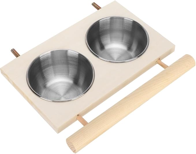 Bird Feeding Dish Cup with Wood Stand Stainless Steel Parrot Food Bowl Water Feeder Cage Accessories with Perch for Cockatiel Parakeet